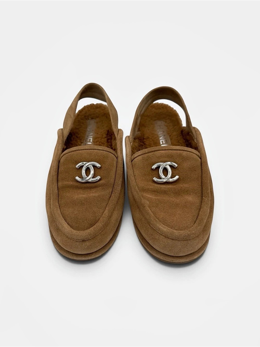 Chanel Suede Calfskin Shearling CC Slingback Loafers Brown size 37.5